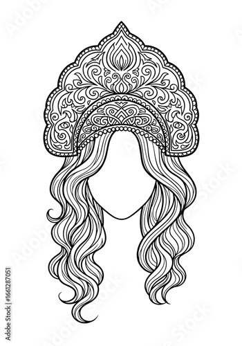 Illustration of a woman wearing an intricately designed kokoshnik with curly hair