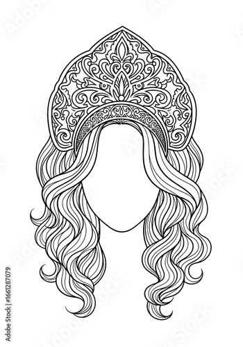 Illustration of a woman wearing an ornate kokoshnik with flowing wavy hair