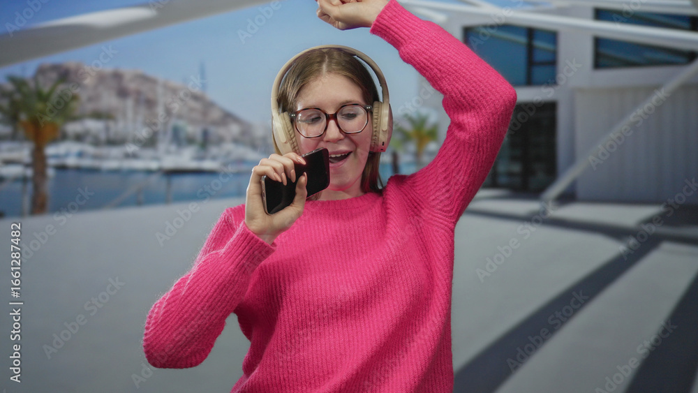 Fototapeta premium Woman wearing pink sweater headphones and glasses holds phone to mouth and raises hand at building; fun.