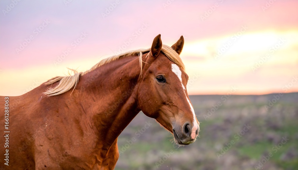 Fototapeta premium Chestnut Horse at Sunset, Peaceful Landscape