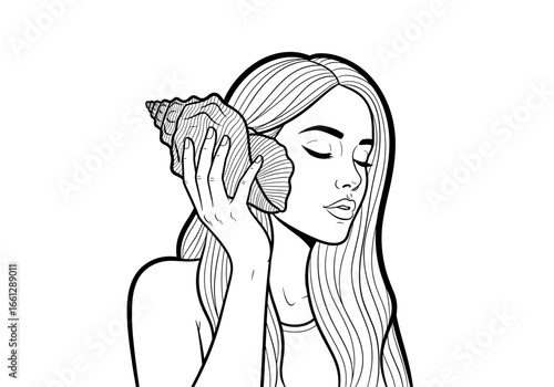 Young woman listening to a seashell illustration expressing tranquility and nature