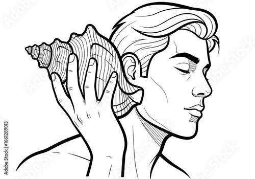 Young man listening to a seashell illustration conveying tranquility and nature