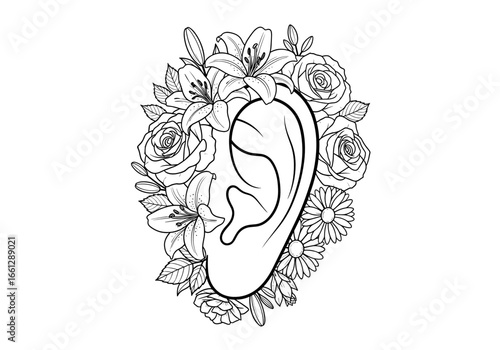 Ear framed by a floral arrangement illustration highlighting nature and sensory beauty