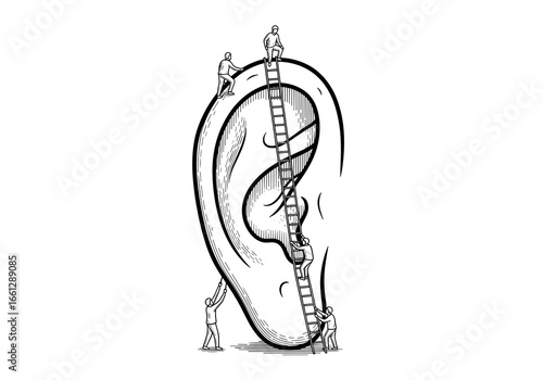 Tiny figures climbing ladders on a stylized ear illustration with whimsical design