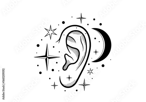 Celestial-themed ear illustration with stars and crescent moon in artistic design