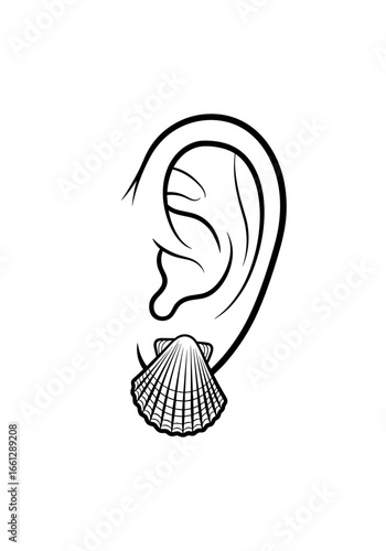 Shell-shaped earring on a stylized ear illustration with minimalist outline design