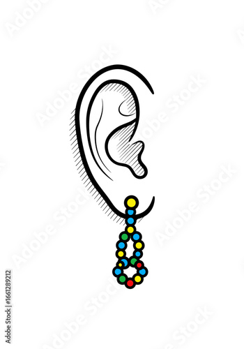 Decorative earring on an artistic ear illustration with colorful beads and minimalist design