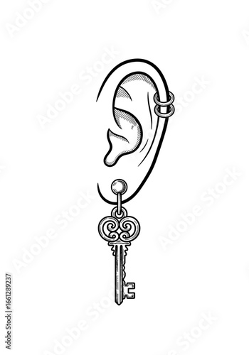 Earring shaped like a key, symbolizing mystery, access, and individuality