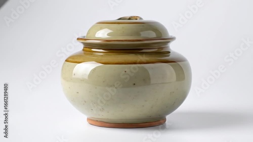 Vintage Ceramic Jar with Lid in Earth Tones Brown Beige on White Background Classic Design and Simple Tabletop Still Life