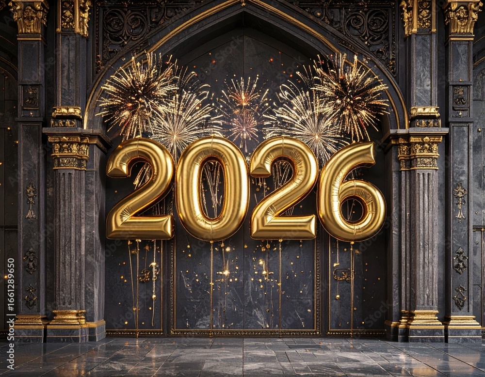 Obraz premium Złoty napis 2026 z fajerwerkami na tle klasycznego, szarego budynku z kolumnami i łukami