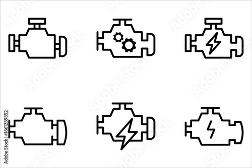 Car engine icon set, engine check minimal line vector symbol on white background