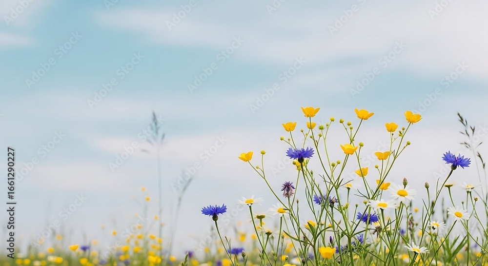 Fototapeta premium Vibrant wildflowers bloom under a soft blue sky, celebrating nature's beauty and summer's arrival