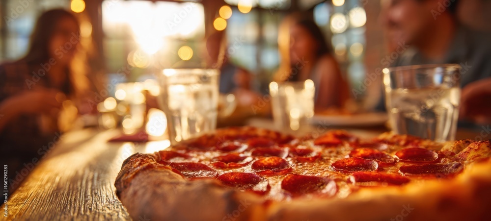 Fototapeta premium The delicious pepperoni pizza being enjoyed in a cozy dining atmosphere.