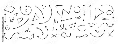 Squiggly arrow, chalk doodle set of various arrow shapes, lines, symbols and scribble icons. Hand drawn crayon black vector line fun playful bounce elements, jump thick motion design, movement symbol