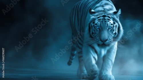 Striking white tiger with piercing blue eyes approaches through a smoky, blue-lit space