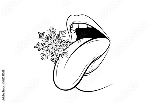 Tongue catching a snowflake, symbolizing winter playfulness and the joy of sensory experiences
