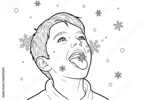 Child enjoying falling snowflakes, symbolizing joy, playfulness, and the magic of winter