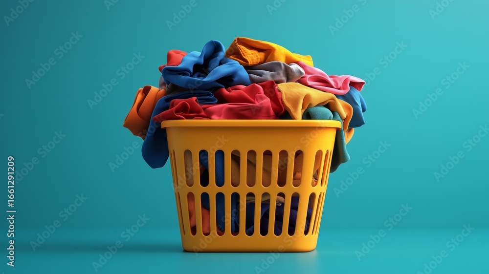 Fototapeta premium Colorful laundry pile in a yellow basket against a bright teal background