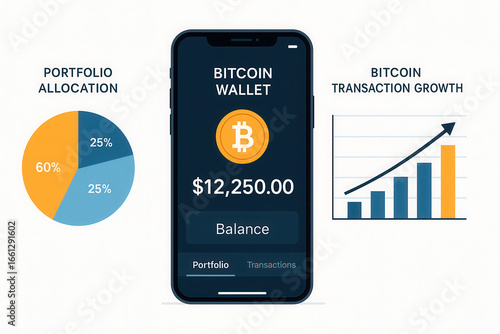 Bitcoin wallet mockup showcasing crypto portfolio allocation and transaction growth in a digital environment