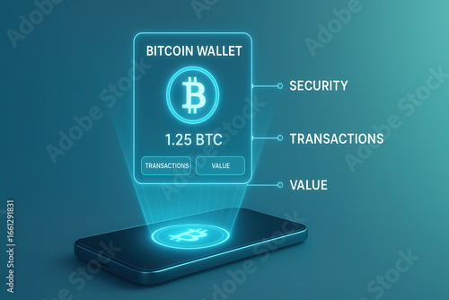 Secure crypto wallet mockup displaying bitcoin transactions and value analysis in a digital environment