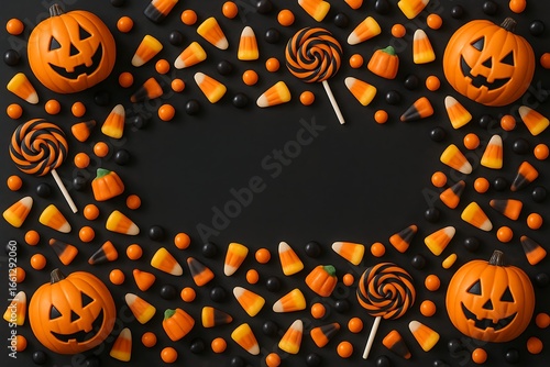 Spooky Halloween Treats Frame A vibrant border of candy corn, lollipops, and carved pumpkins creating a festive holiday background with ample copy space.