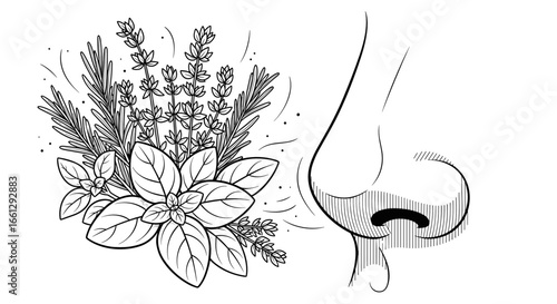 Nose inhaling aromatic herbs, symbolizing sensory experience and the appreciation of natural scents