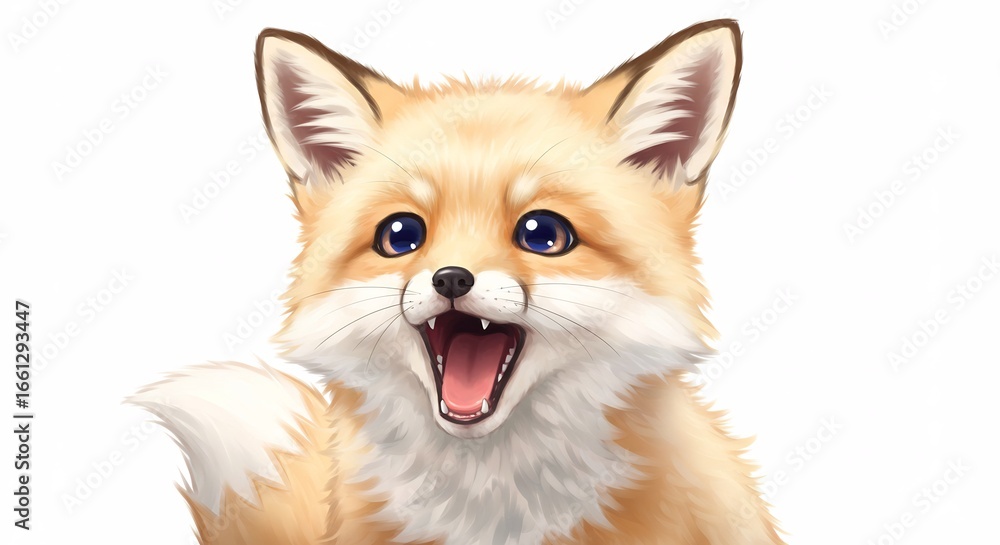 Obraz premium 愛らしい狐の子 輝く瞳 柔らかな毛並み 幸せそう (Aisirashī kitsune no ko kagayaku hitomi yawarakana kenami shiawase sō) Translation: Adorable fox kit, shining eyes, soft fur, looks happy.. AI Generated
