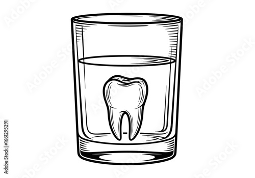 Tooth submerged in a glass of water, symbolizing dental hygiene and care practices