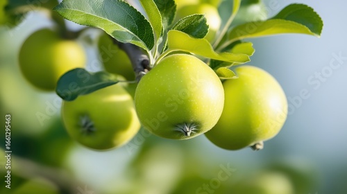 Green apples growing on a tree branch under clear sky in a sunny orchard setting