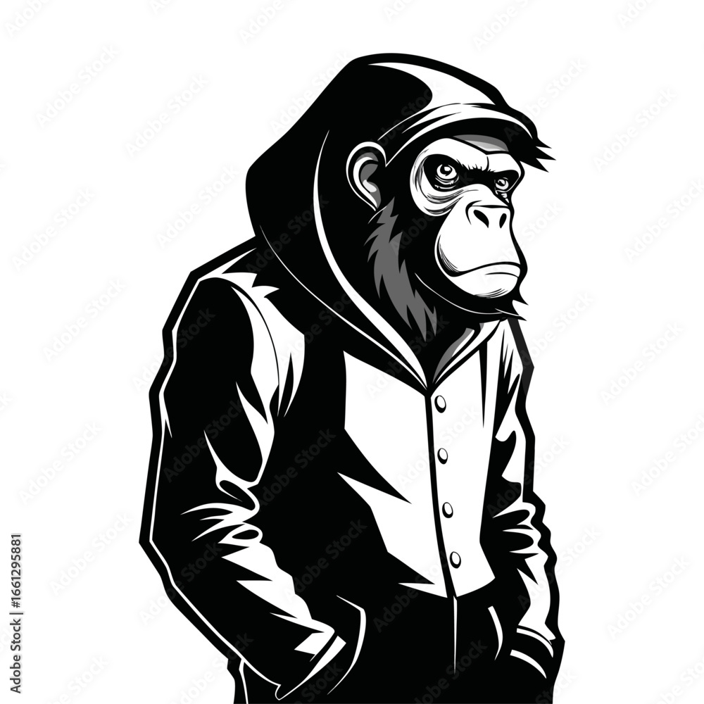 Fototapeta premium Unique vector illustration of ape silhouette in startup hoodie leaning on wall, modern business mascot design for branding and marketing.