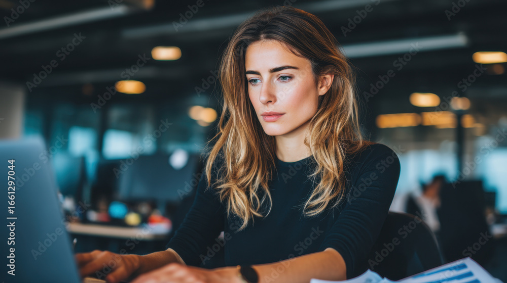 Fototapeta premium Focused young woman works on laptop in modern office environment, surrounded by technology and documents, showcasing concentration and professionalism