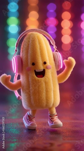 Cheerful cartoon corn character with headphones and sneakers dancing joyfully under colorful neon lights