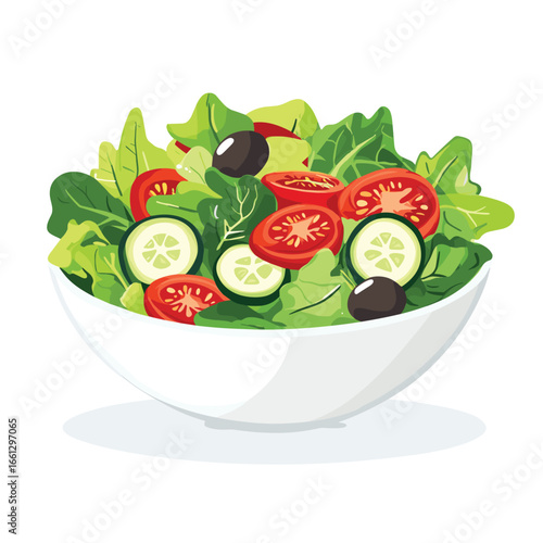 flat vector of a fresh green salad with lettuce, cucumber, tomato, and olives in a bowl, health food theme