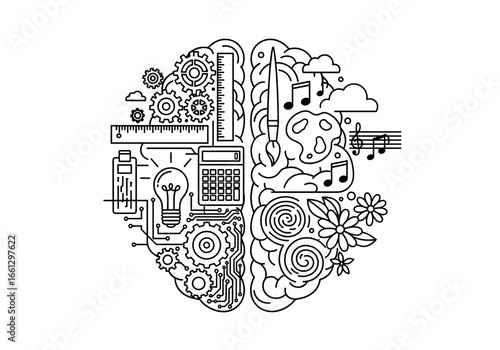 Creative brain illustration with artistic and analytical elements, symbolizing duality of thought