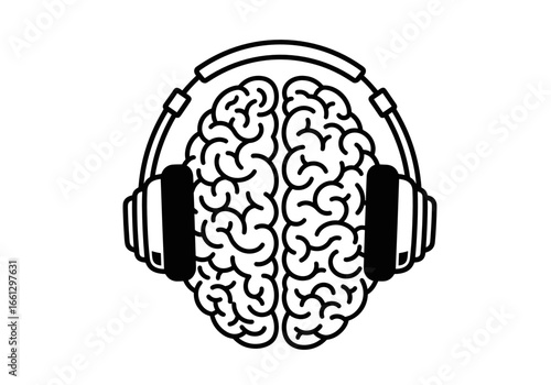 Brain illustrated with headphones, symbolizing auditory learning and cognitive stimulation