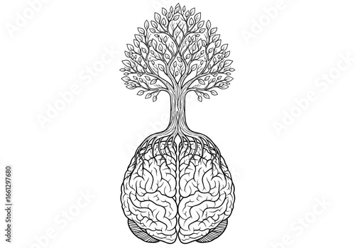 Tree growing from a brain, symbolizing knowledge, growth, and the interconnectedness of life
