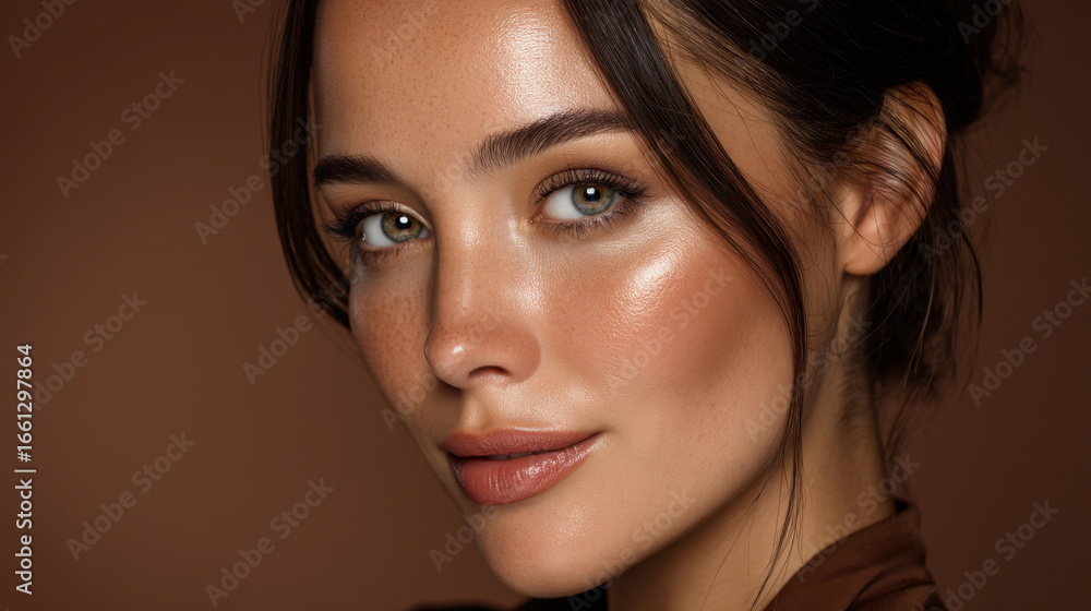 Obraz premium Close up portrait of young woman with glowing skin, soft makeup, and natural beauty. Her expressive eyes and subtle smile convey confidence and warmth, set against warm, neutral background