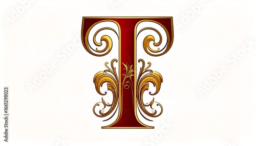 Ornate Gold & Red Capital Letter T Design