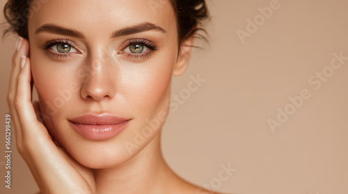 Close up portrait of woman with flawless skin, showcasing natural beauty and serene expression. soft lighting highlights her features, creating warm and inviting atmosphere