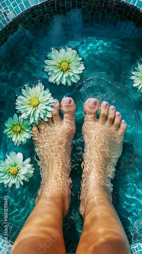 Woman soaking her feet in refreshing teal water with chrysanthemum flowers for relaxation