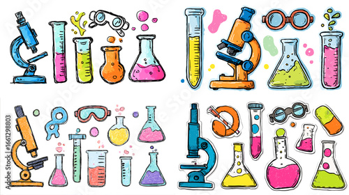 Colorful doodle illustration set of microscopes, test tubes, flasks, and lab equipment. Fun science design for education, chemistry, and experiment themes.