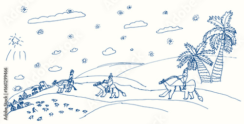 Camel caravan travels. Vector drawing