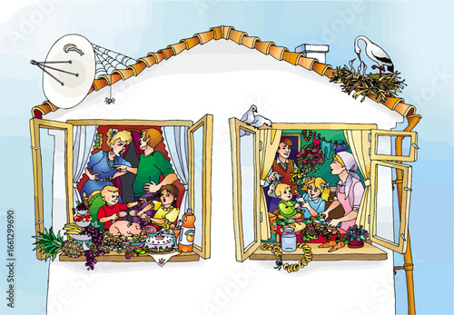 Vector drawing. Two different neighboring families in one house