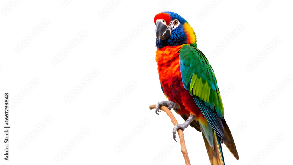 Fototapeta premium A vibrant parrot perched on a branch displaying its colorful plumage against a black background space