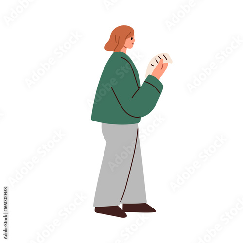 Woman walking with paper, checking shopping list. Young female holding sheet, reading notes, looking at checklist, bill, document, receipt. Flat vector illustration isolated on white background
