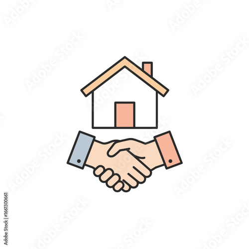Handshake between two hands with a house background, symbolizes real estate agreement and trust
