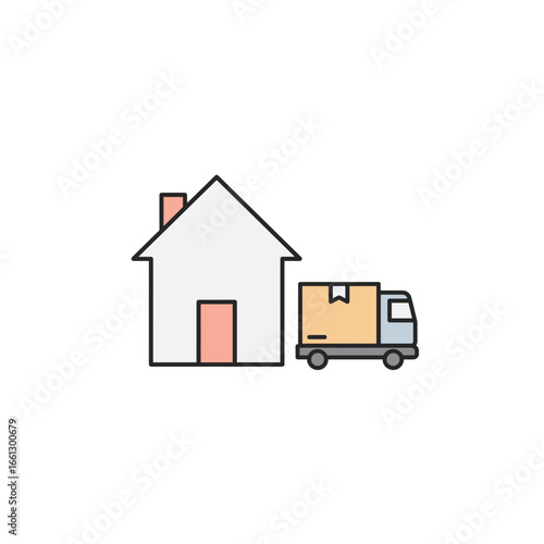 Moving truck next to a house icon symbolizing relocation and home delivery
