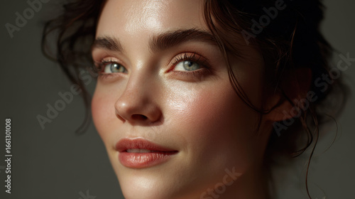 Wallpaper Mural Close up portrait of young woman with glowing skin and soft, natural makeup. Her expressive eyes and gentle smile convey sense of warmth and confidence, highlighting her natural beauty Torontodigital.ca