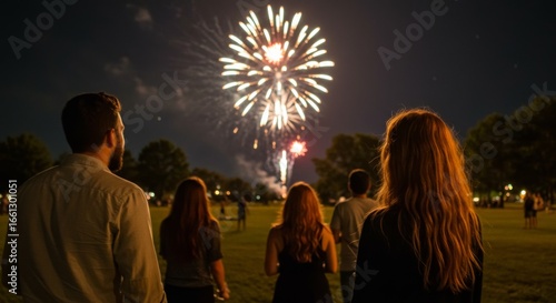 Friends Watch Fireworks Display at Night