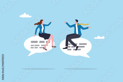 Conversation or work discussion, communicate at work for success, advice or suggestion, dialogue message, talk or speaking concept, business people colleague discussing work on speech bubble message.